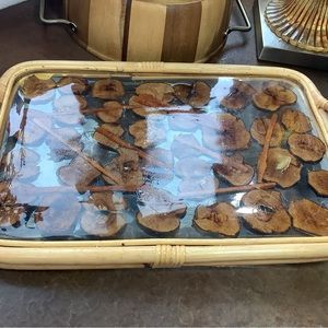 Vtg Bamboo Acrylic Tray Platter w handles Organic dried apple slices & Cinnamon